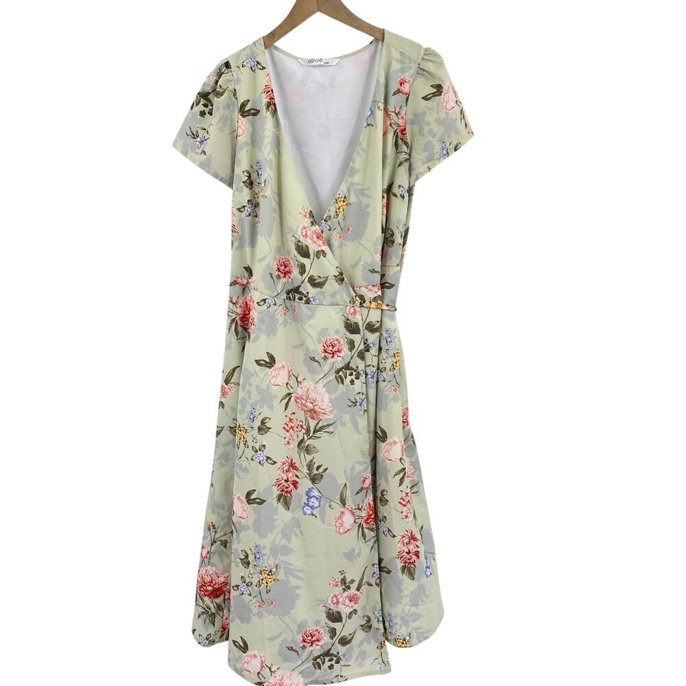 eShakti Custom floral wrap dress size 14-16 sage green spring pockets SS office